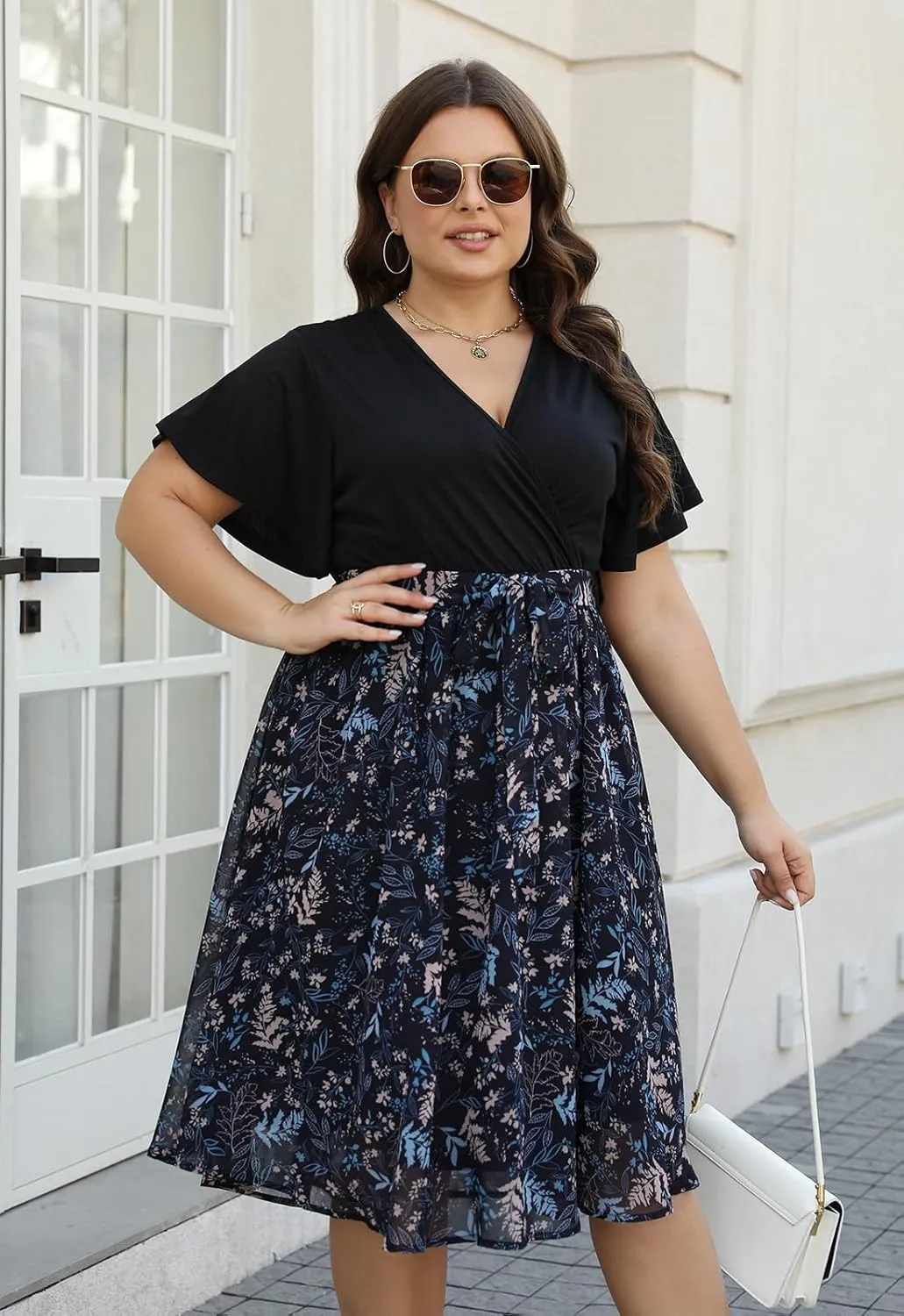 Nemidor Womens Casual Plus Size Ruffle Sleeve Boho Chiffon Print Belted Flowy Wrap Dress NEM529