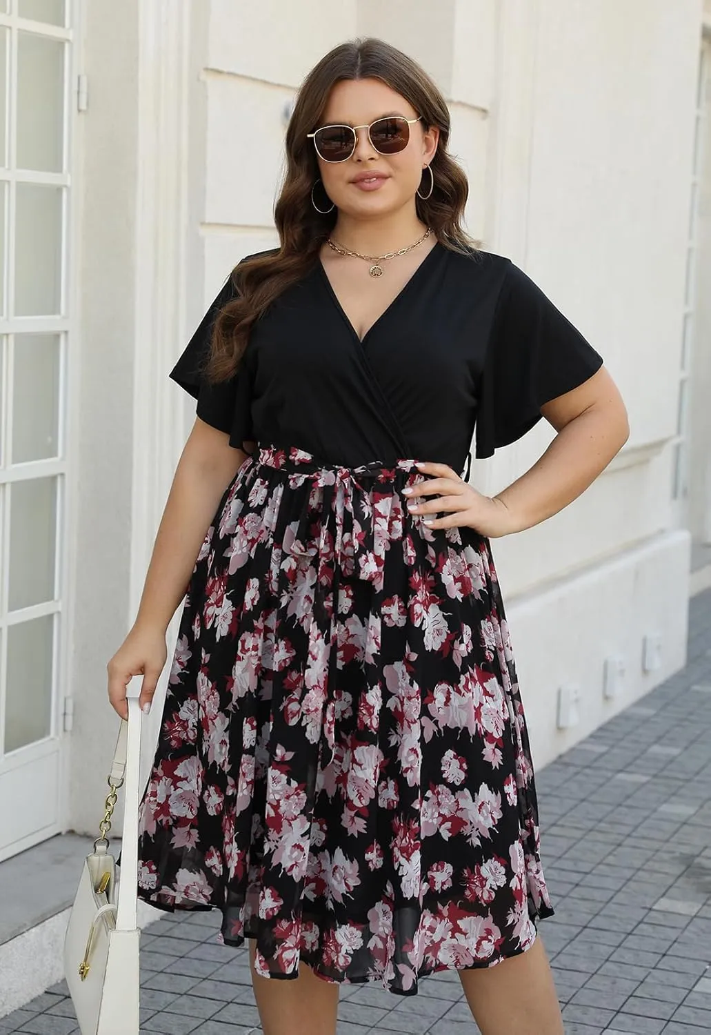 Nemidor Womens Casual Plus Size Ruffle Sleeve Boho Chiffon Print Belted Flowy Wrap Dress NEM529