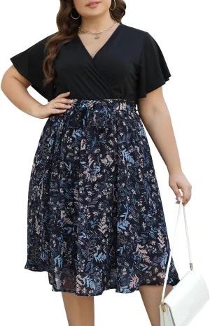 Nemidor Womens Casual Plus Size Ruffle Sleeve Boho Chiffon Print Belted Flowy Wrap Dress NEM529