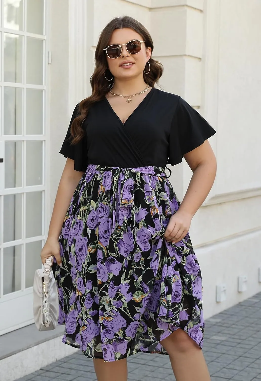 Nemidor Womens Casual Plus Size Ruffle Sleeve Boho Chiffon Print Belted Flowy Wrap Dress NEM529