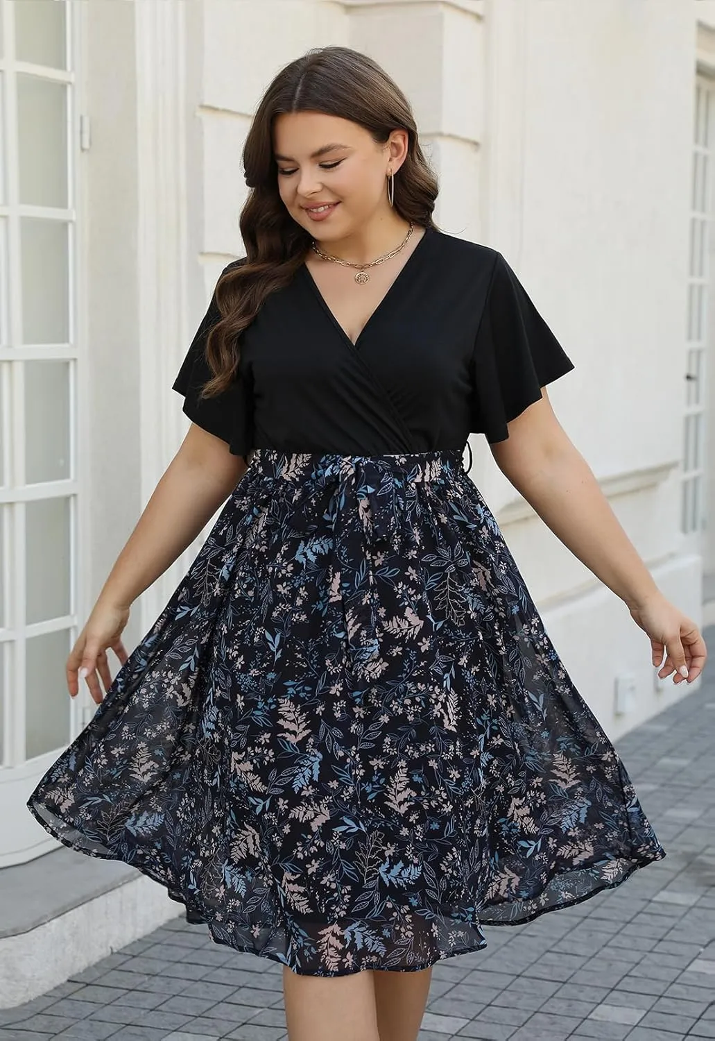Nemidor Womens Casual Plus Size Ruffle Sleeve Boho Chiffon Print Belted Flowy Wrap Dress NEM529