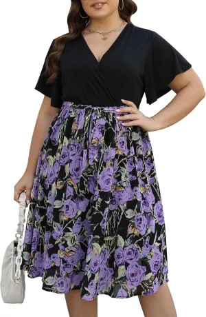 Nemidor Womens Casual Plus Size Ruffle Sleeve Boho Chiffon Print Belted Flowy Wrap Dress NEM529