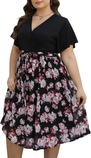 Nemidor Womens Casual Plus Size Ruffle Sleeve Boho Chiffon Print Belted Flowy Wrap Dress NEM529