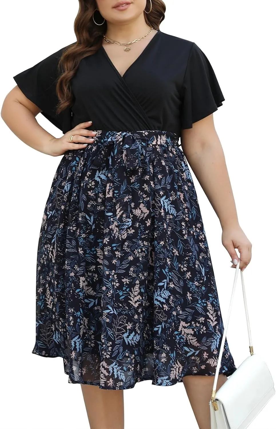 Nemidor Womens Casual Plus Size Ruffle Sleeve Boho Chiffon Print Belted Flowy Wrap Dress NEM529