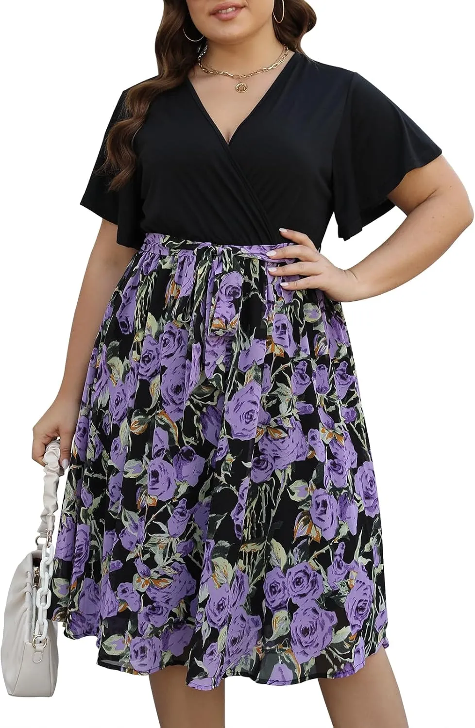 Nemidor Womens Casual Plus Size Ruffle Sleeve Boho Chiffon Print Belted Flowy Wrap Dress NEM529