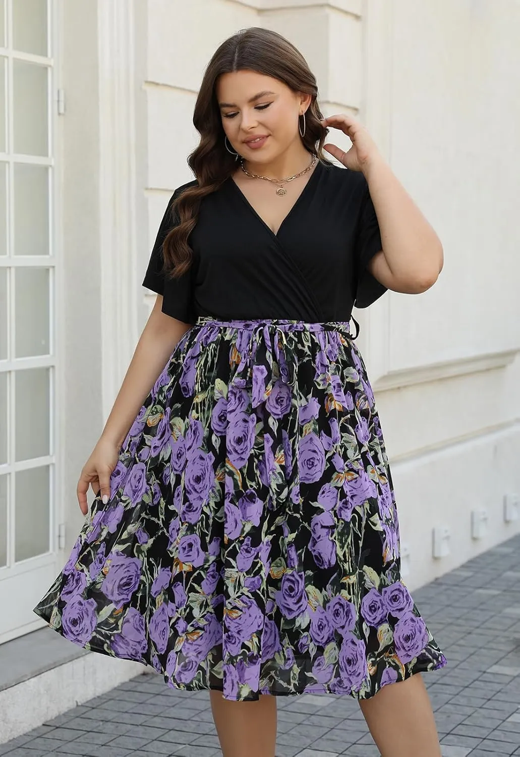 Nemidor Womens Casual Plus Size Ruffle Sleeve Boho Chiffon Print Belted Flowy Wrap Dress NEM529
