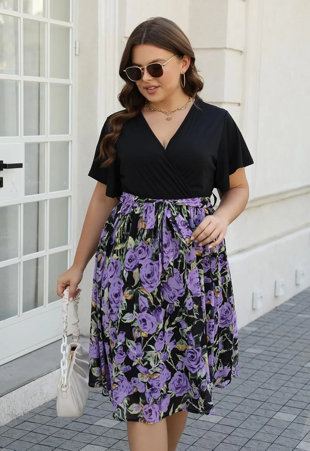 Nemidor Womens Casual Plus Size Ruffle Sleeve Boho Chiffon Print Belted Flowy Wrap Dress NEM529