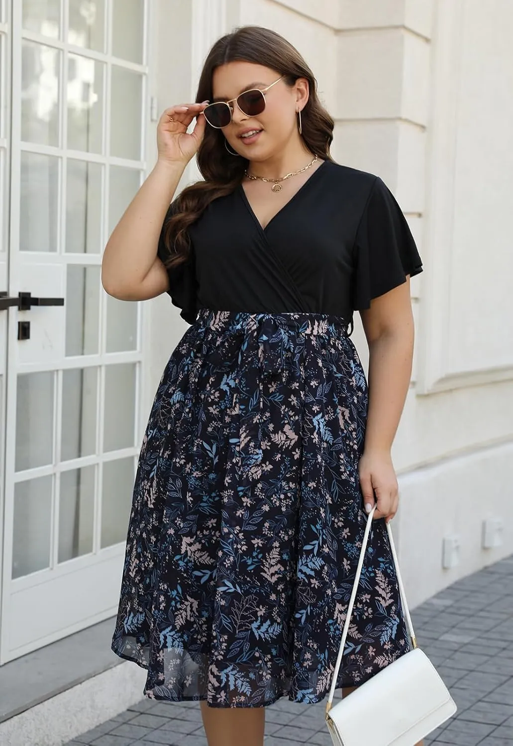 Nemidor Womens Casual Plus Size Ruffle Sleeve Boho Chiffon Print Belted Flowy Wrap Dress NEM529