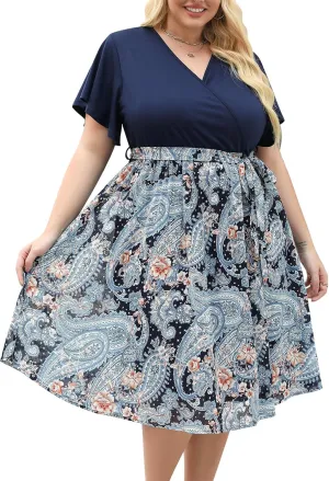 Nemidor Womens Casual Plus Size Ruffle Sleeve Boho Chiffon Print Belted Flowy Wrap Dress NEM529