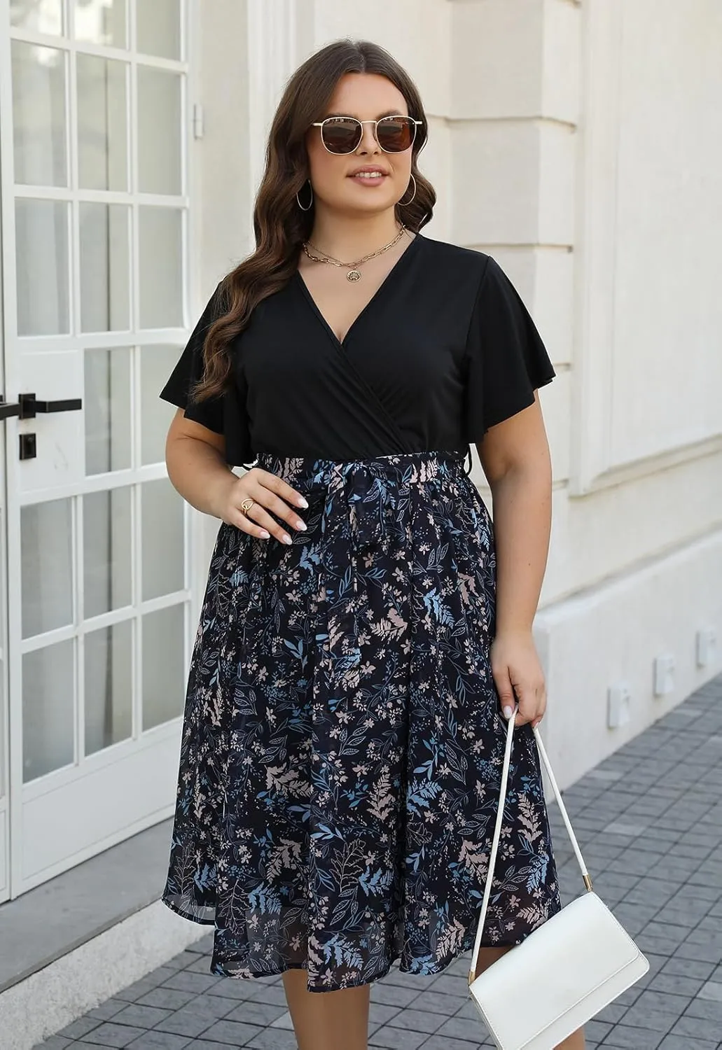 Nemidor Womens Casual Plus Size Ruffle Sleeve Boho Chiffon Print Belted Flowy Wrap Dress NEM529