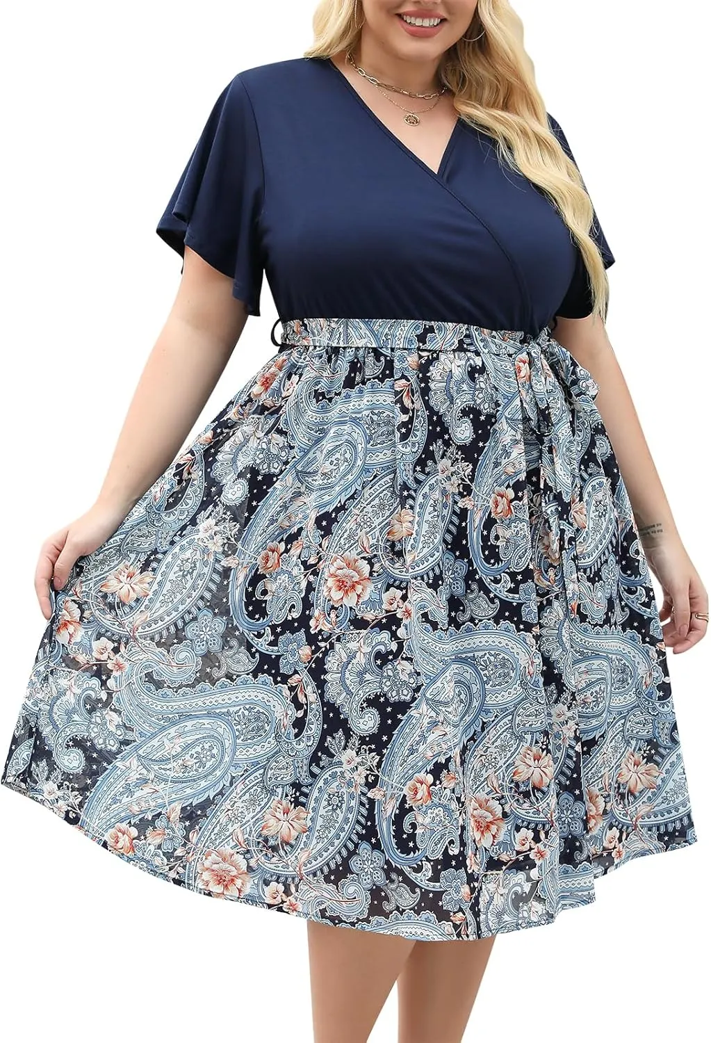 Nemidor Womens Casual Plus Size Ruffle Sleeve Boho Chiffon Print Belted Flowy Wrap Dress NEM529