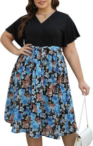 Nemidor Womens Casual Plus Size Ruffle Sleeve Boho Chiffon Print Belted Flowy Wrap Dress NEM529