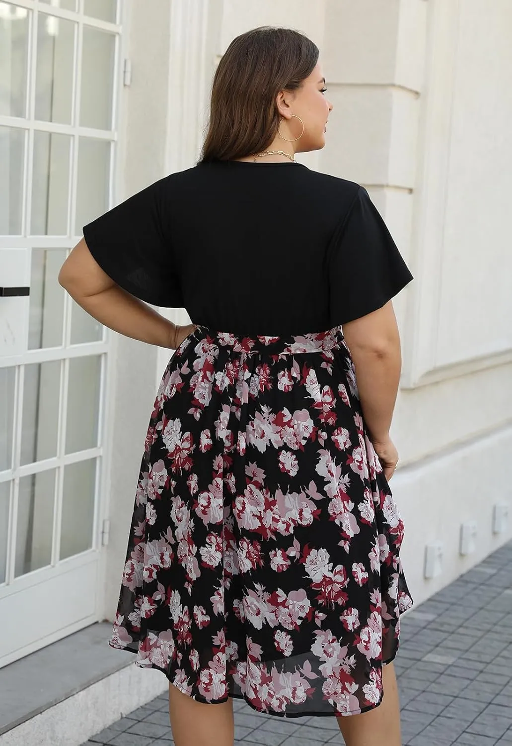 Nemidor Womens Casual Plus Size Ruffle Sleeve Boho Chiffon Print Belted Flowy Wrap Dress NEM529