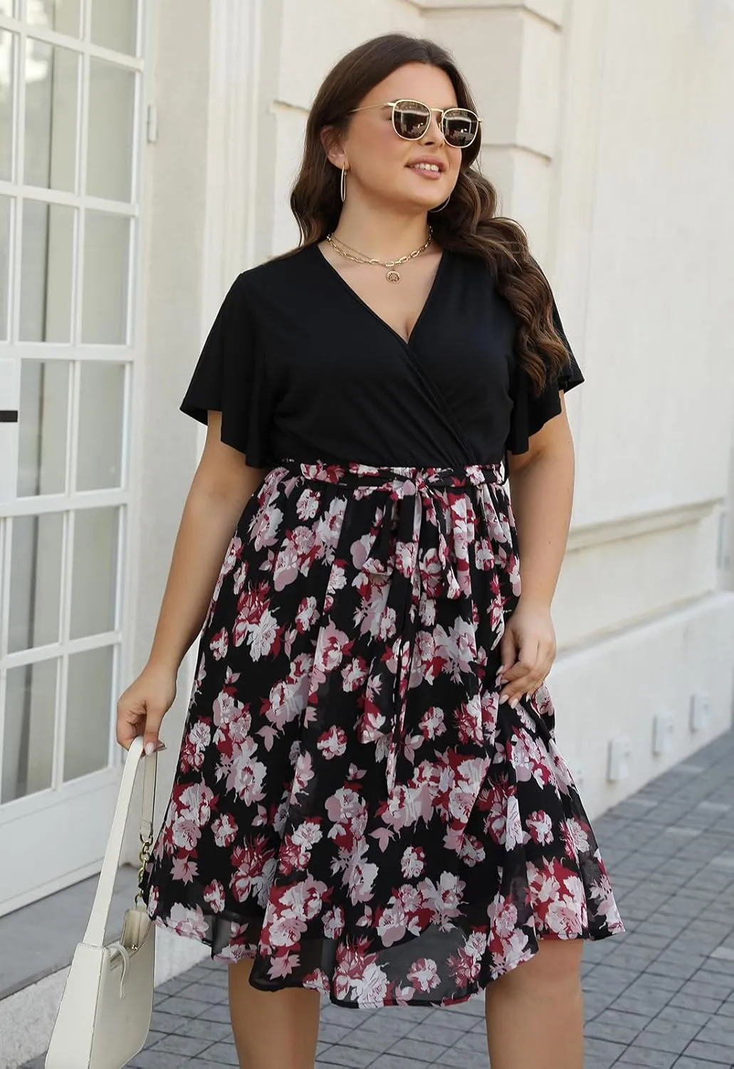 Nemidor Womens Casual Plus Size Ruffle Sleeve Boho Chiffon Print Belted Flowy Wrap Dress NEM529