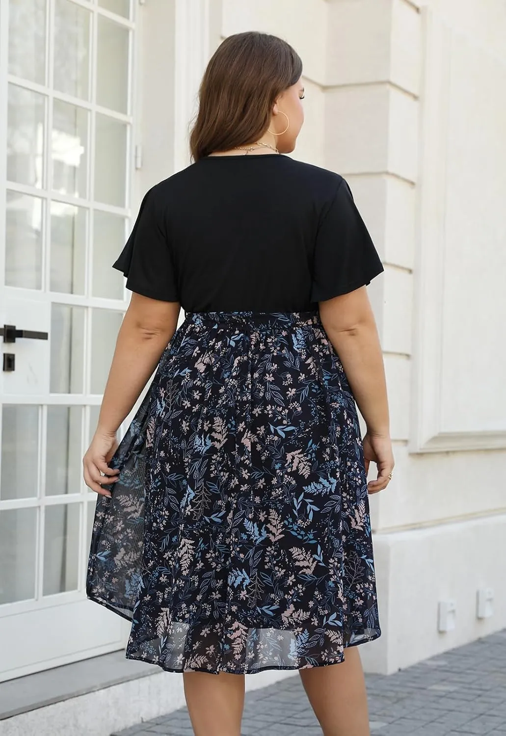 Nemidor Womens Casual Plus Size Ruffle Sleeve Boho Chiffon Print Belted Flowy Wrap Dress NEM529