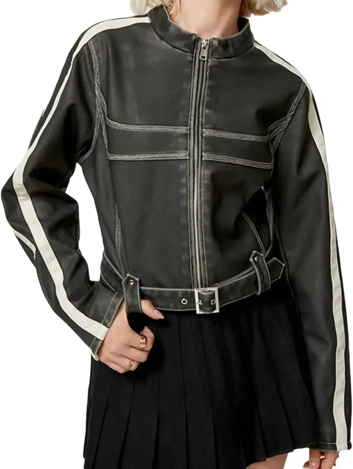NIFTRIRY Leather Jacket Women Zipper Long Sleeved Striped Cropped Motorcycle Jacket Y2K Clothes Fall Outfits