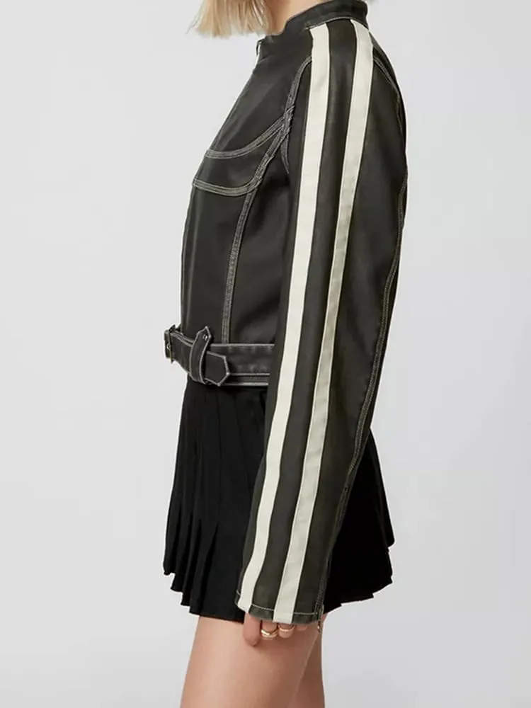 NIFTRIRY Leather Jacket Women Zipper Long Sleeved Striped Cropped Motorcycle Jacket Y2K Clothes Fall Outfits