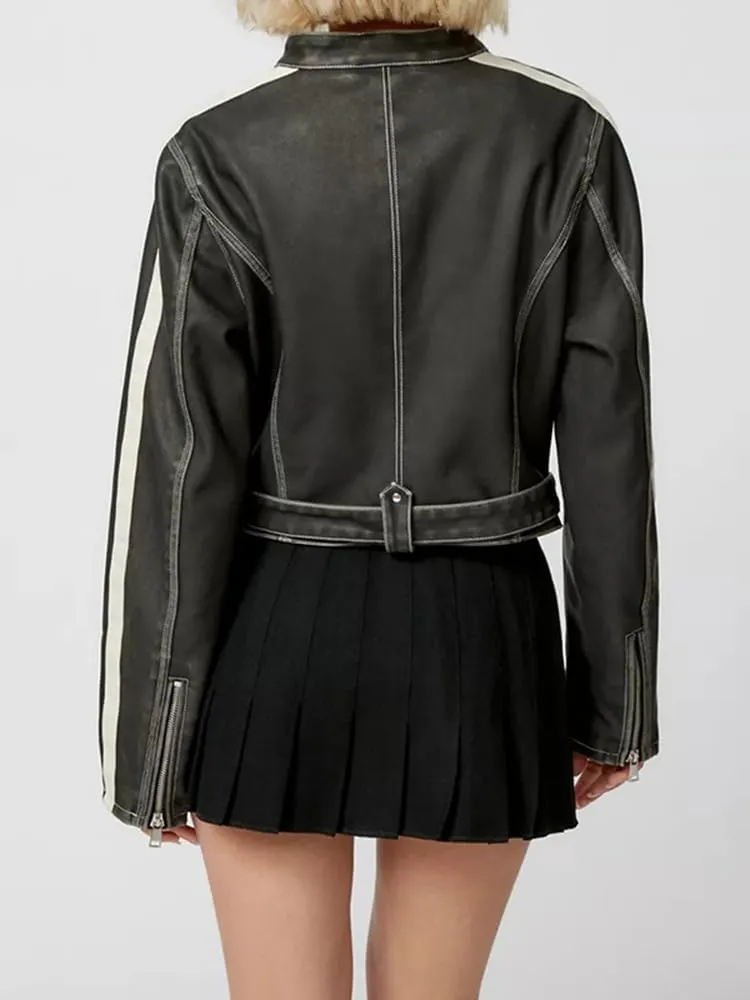 NIFTRIRY Leather Jacket Women Zipper Long Sleeved Striped Cropped Motorcycle Jacket Y2K Clothes Fall Outfits