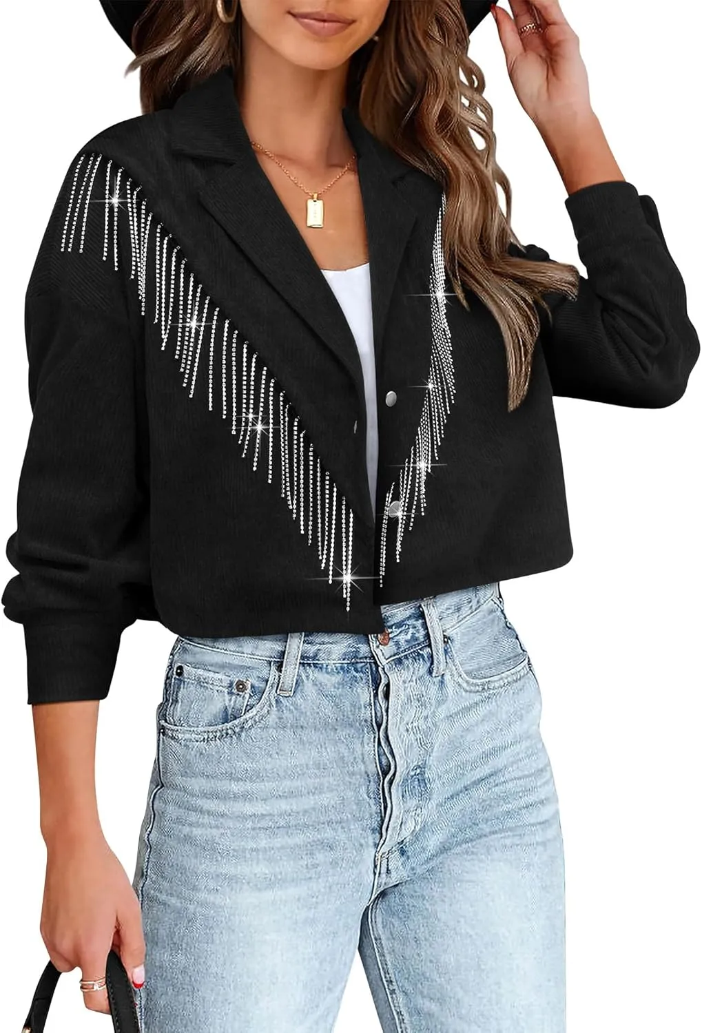 Nlife Womens Corduroy Crop Shirt Jacket Sparkly Rhinestone Fringe Shackets Nashville Concert Outfits Tassel Short Coats