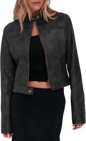 Onedreamer Women's Faux Leather Cropped jackets Casual Vintage Zip Up Stand Collar Motorcycle Short Coat Jacket