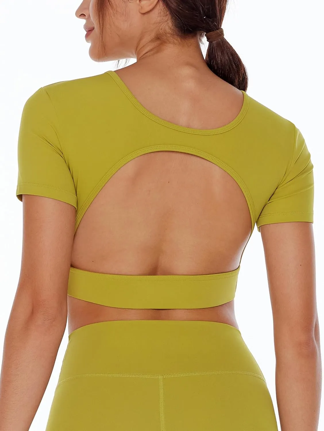 Open Back Workout Crop Tops for Women Backless Yoga Shirts Gym Short Sleeve Mild Support Compression Tee with Bra