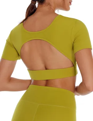 Open Back Workout Crop Tops for Women Backless Yoga Shirts Gym Short Sleeve Mild Support Compression Tee with Bra
