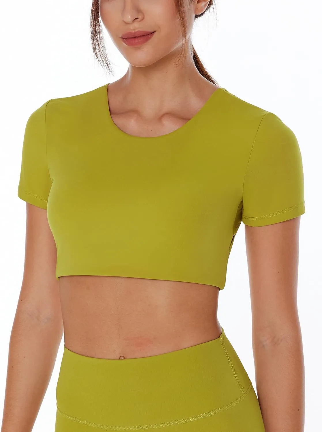Open Back Workout Crop Tops for Women Backless Yoga Shirts Gym Short Sleeve Mild Support Compression Tee with Bra
