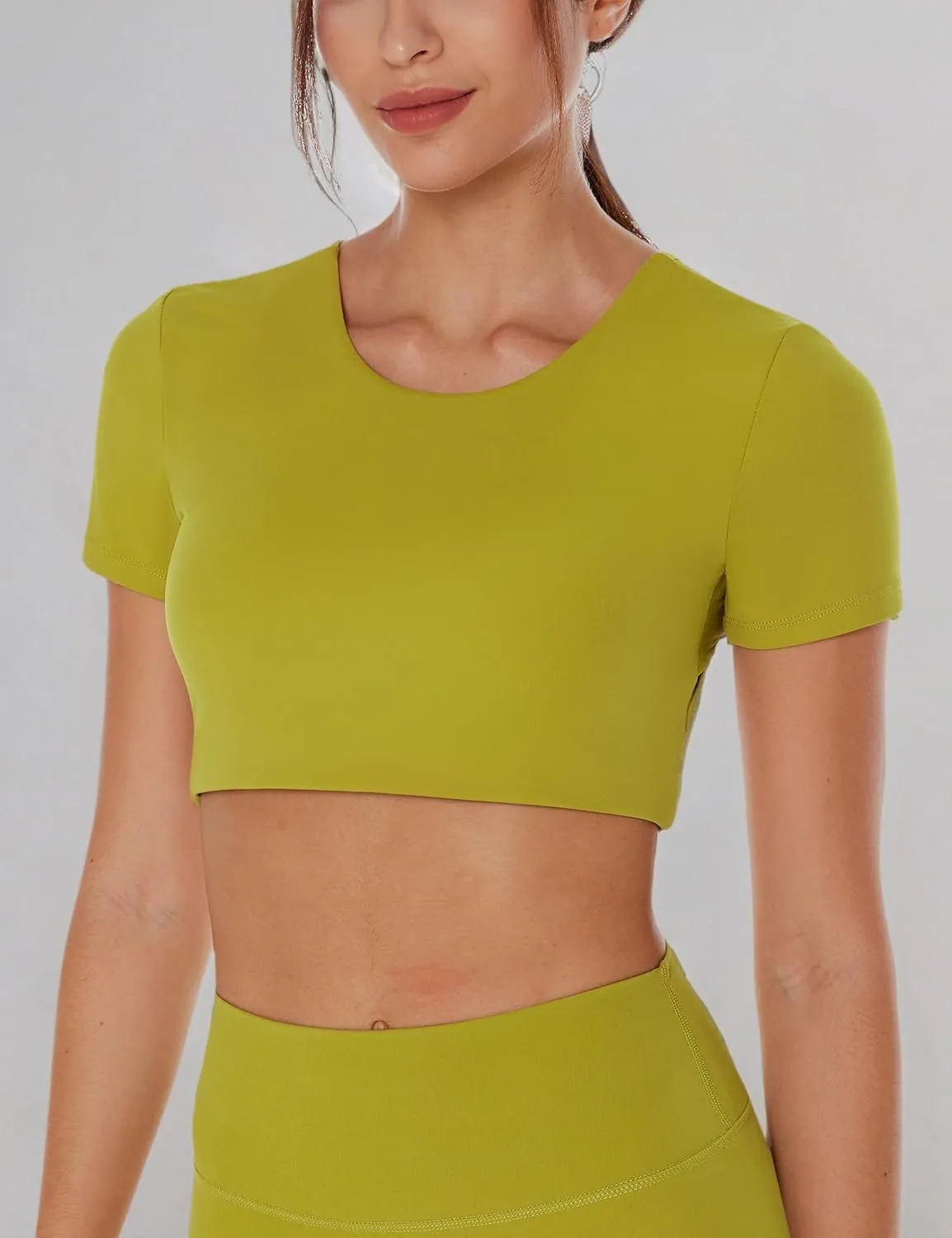 Open Back Workout Crop Tops for Women Backless Yoga Shirts Gym Short Sleeve Mild Support Compression Tee with Bra