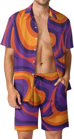 Orange And Purple Pattern Mens Swimsuit 2 Pieces Set Quick Dry Shorts Shirts Summer Button Down Short Sleeve Set