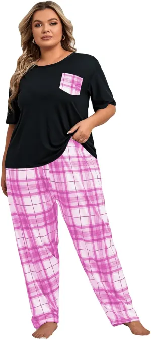OYOANGLE Women's Plus Size 2 Piece Pajama Set Short Sleeve Tee Shirt and Plaid Print Pants Set Loungewear