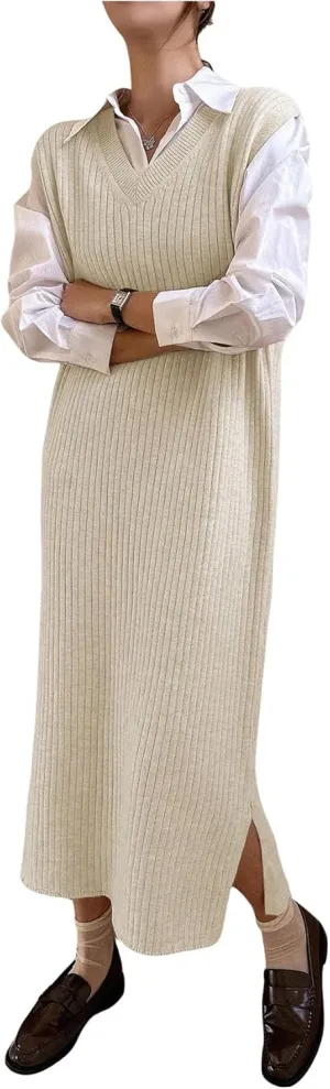 OYOANGLE Women's Split Hem Rib Knit Midi Sweater Dress V Neck Sleeveless Loose Fit Sweater Vest