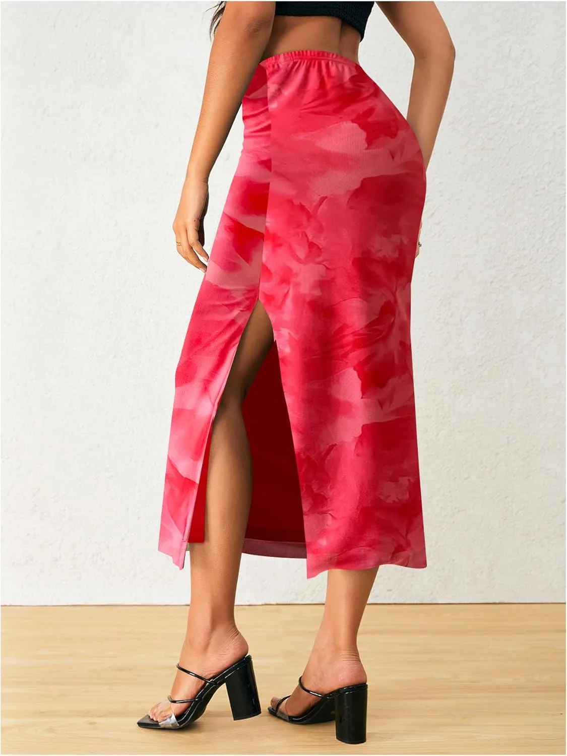 OYOANGLE Women's Tie Dye High Elastic Waist Bodycon Long Skirt Boho Split Side Maxi Skirts