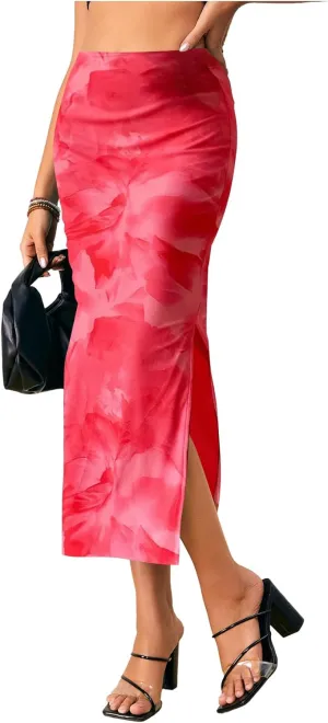 OYOANGLE Women's Tie Dye High Elastic Waist Bodycon Long Skirt Boho Split Side Maxi Skirts