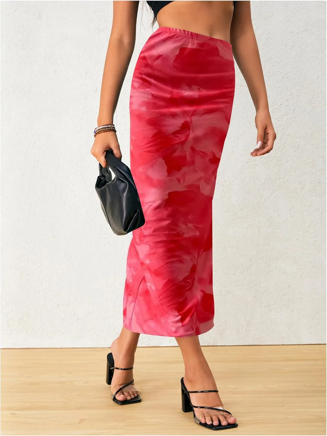 OYOANGLE Women's Tie Dye High Elastic Waist Bodycon Long Skirt Boho Split Side Maxi Skirts