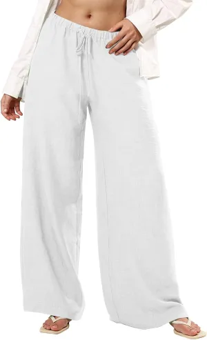 Palazzo Linen Pants Women Elastic High Waisted Wide Leg Beach Pants Casual Summer Loose Flowy Trousers with Pockets