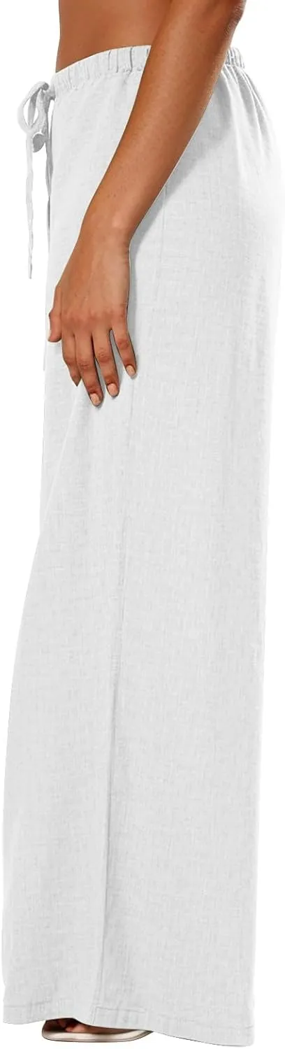 Palazzo Linen Pants Women Elastic High Waisted Wide Leg Beach Pants Casual Summer Loose Flowy Trousers with Pockets