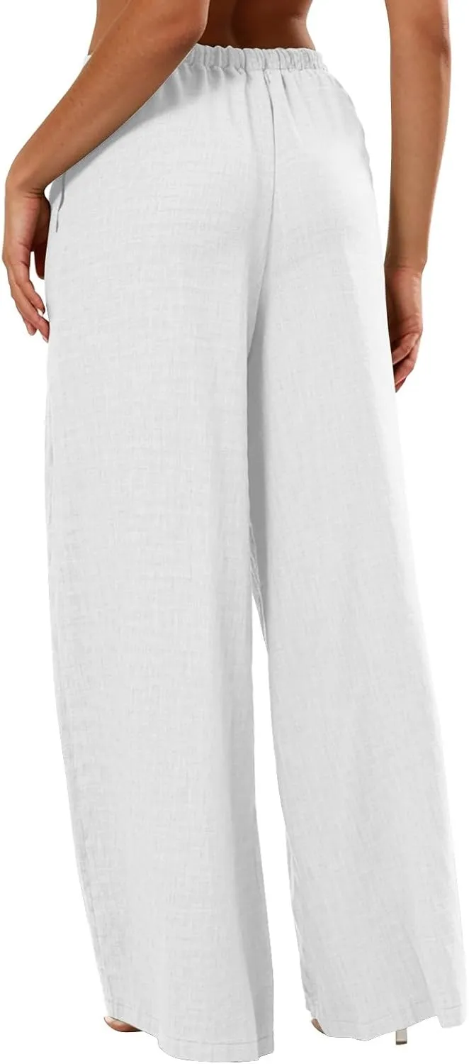 Palazzo Linen Pants Women Elastic High Waisted Wide Leg Beach Pants Casual Summer Loose Flowy Trousers with Pockets