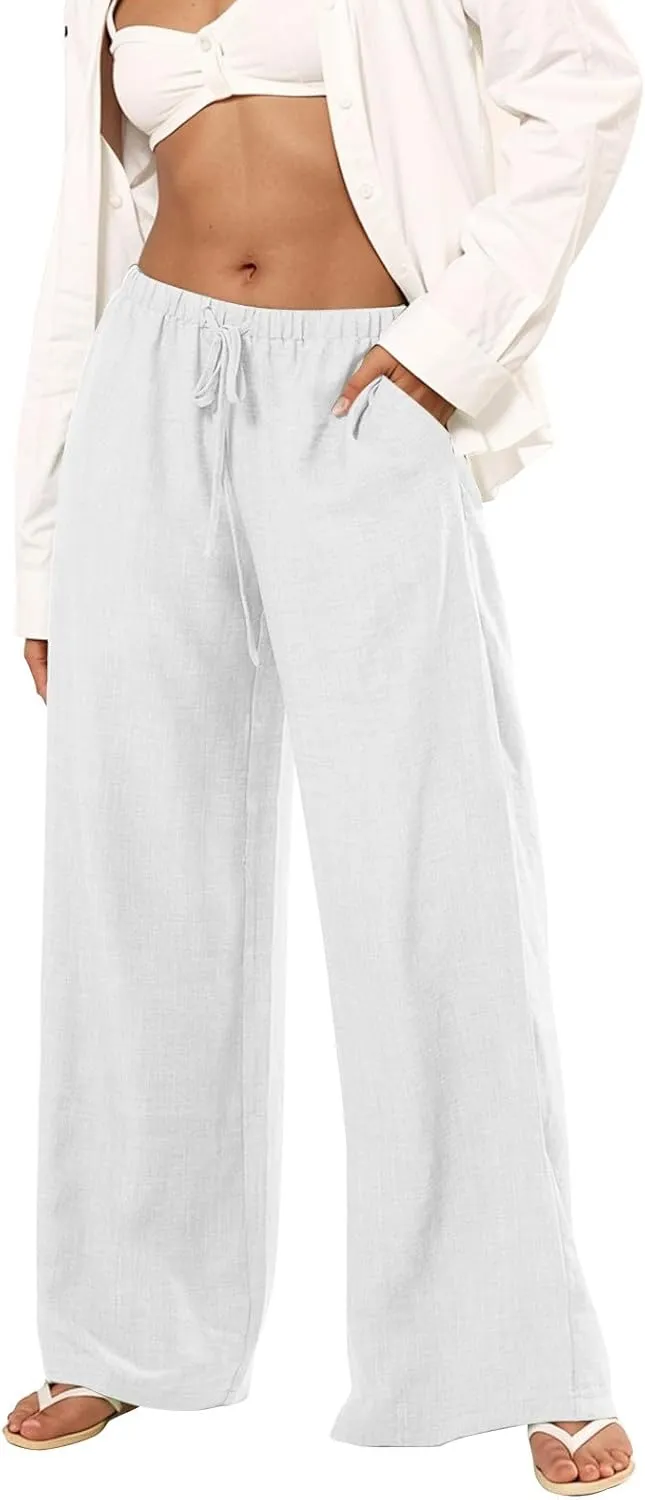 Palazzo Linen Pants Women Elastic High Waisted Wide Leg Beach Pants Casual Summer Loose Flowy Trousers with Pockets