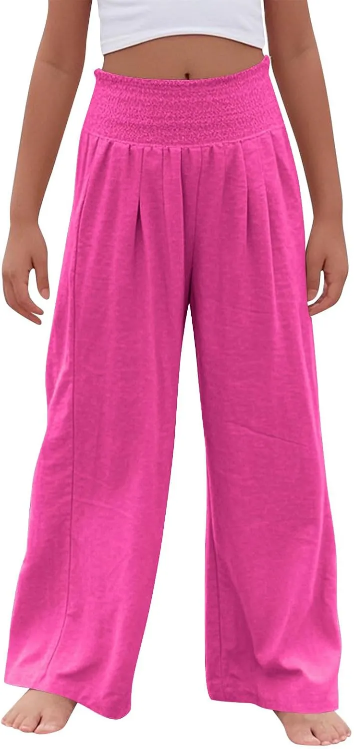 Palazzo Pants for Girls Summer Casual Linen Smocked High Waist Wide Leg Trousers Travel Vacation Pant with Pockets