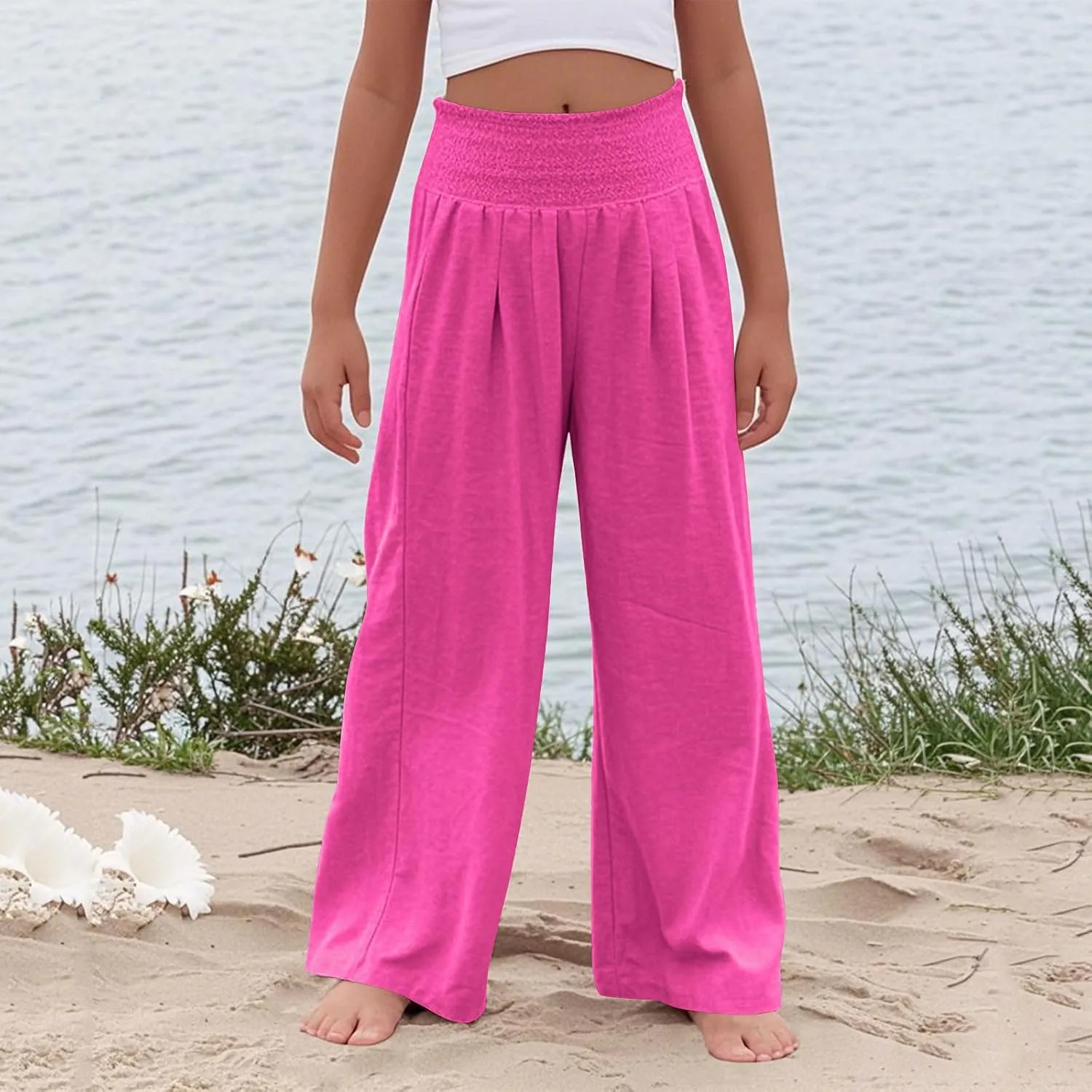 Palazzo Pants for Girls Summer Casual Linen Smocked High Waist Wide Leg Trousers Travel Vacation Pant with Pockets