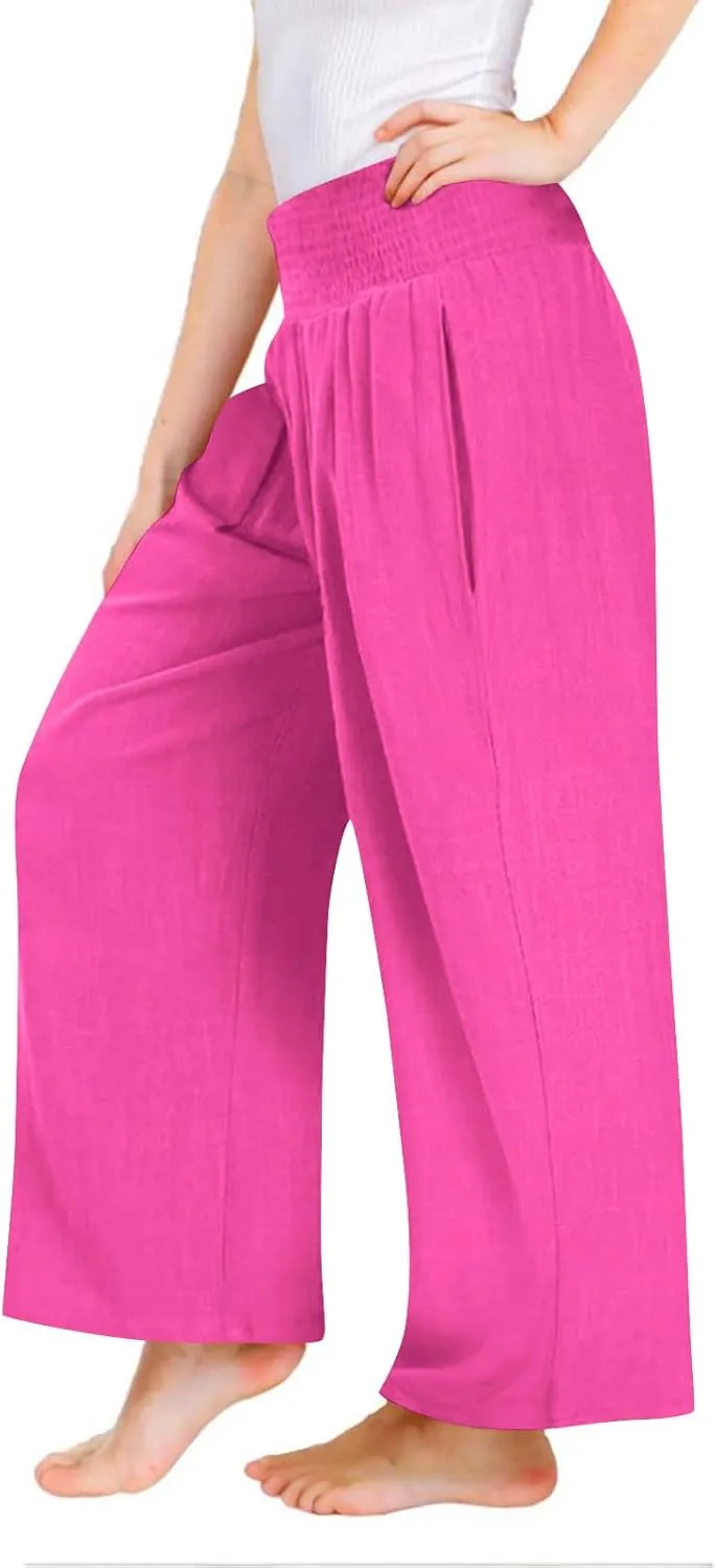 Palazzo Pants for Girls Summer Casual Linen Smocked High Waist Wide Leg Trousers Travel Vacation Pant with Pockets
