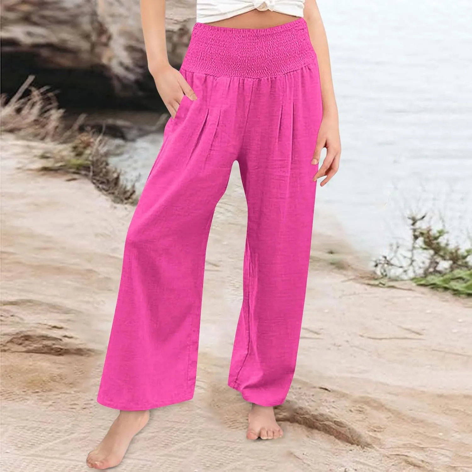 Palazzo Pants for Girls Summer Casual Linen Smocked High Waist Wide Leg Trousers Travel Vacation Pant with Pockets