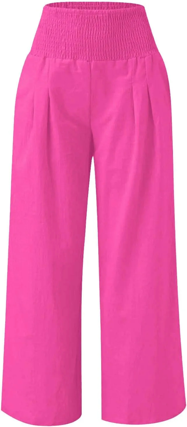 Palazzo Pants for Girls Summer Casual Linen Smocked High Waist Wide Leg Trousers Travel Vacation Pant with Pockets