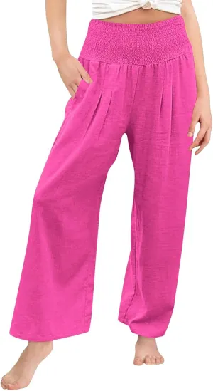 Palazzo Pants for Girls Summer Casual Linen Smocked High Waist Wide Leg Trousers Travel Vacation Pant with Pockets