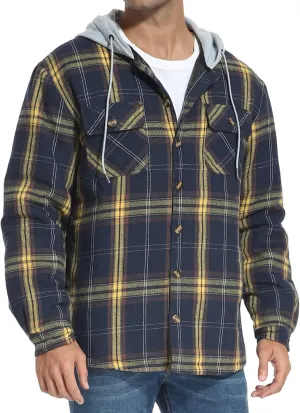 PEGENO Men's Long Sleeve Plaid Button Quilted Lined Flannel Shirt Jacket with Hood