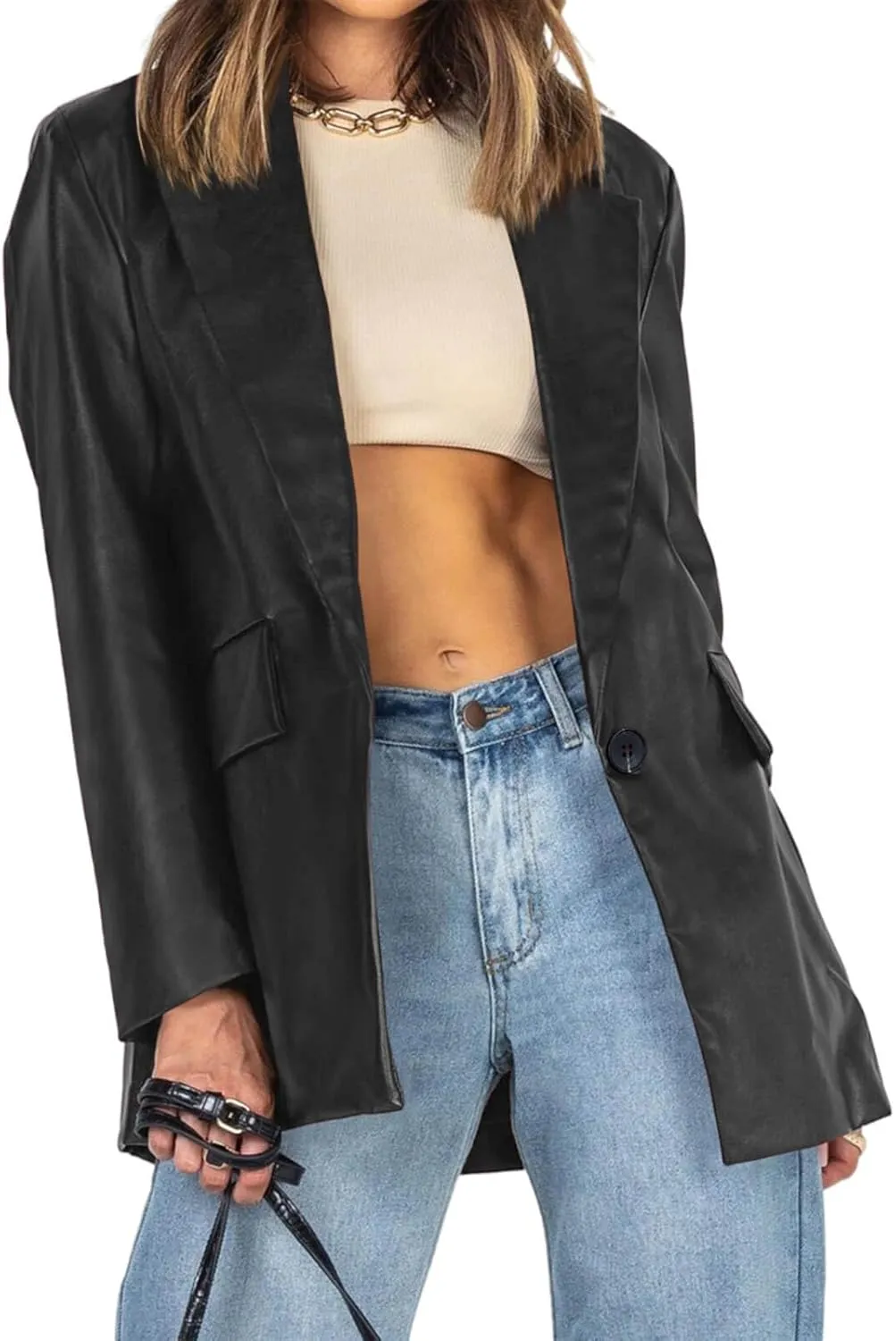 Pepochic Womens Oversized Leather Jacket Long Sleeve Faux Leather Blazer Lapel Button Down Leather Shacket Coat with Pockets
