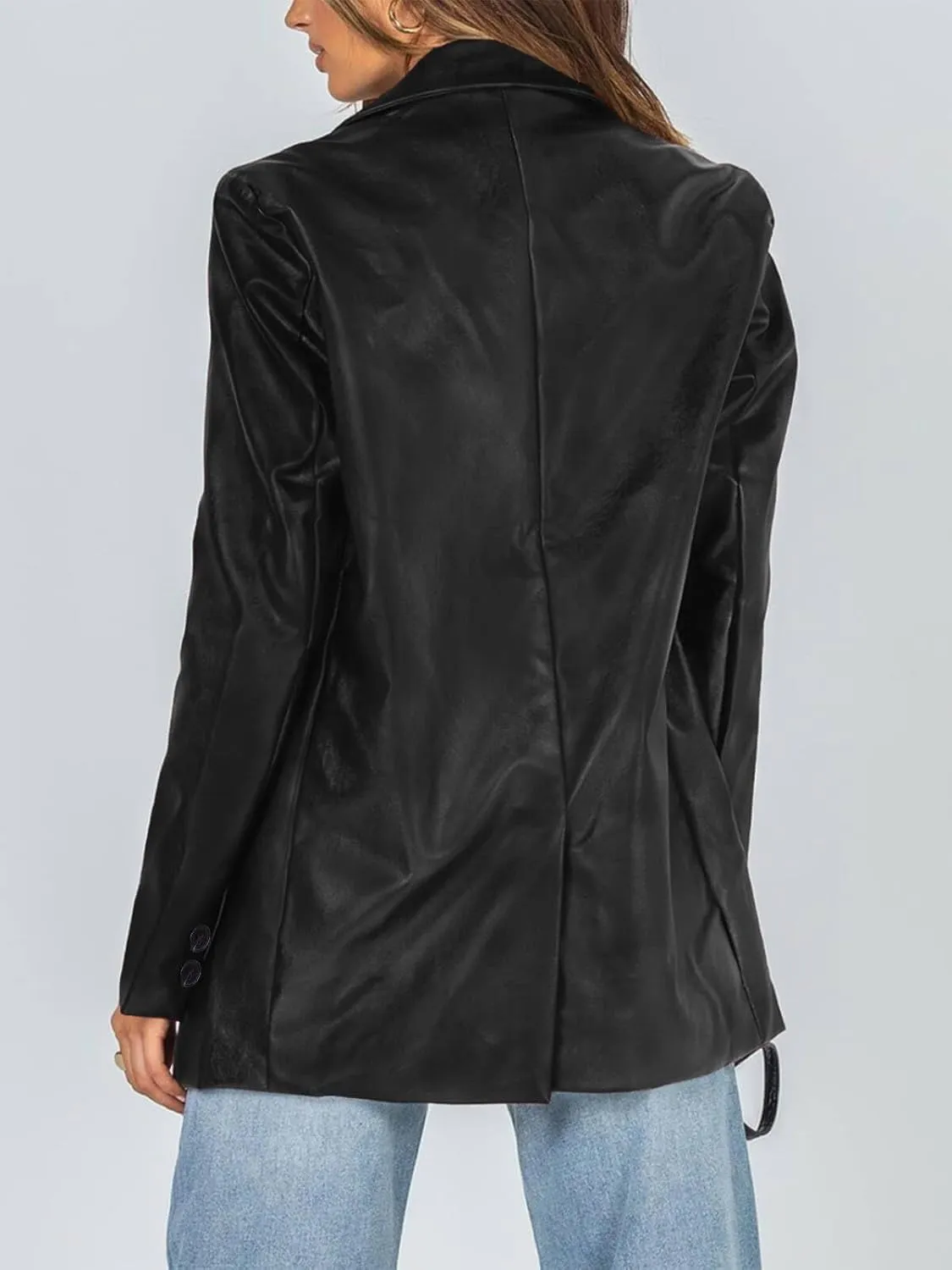 Pepochic Womens Oversized Leather Jacket Long Sleeve Faux Leather Blazer Lapel Button Down Leather Shacket Coat with Pockets