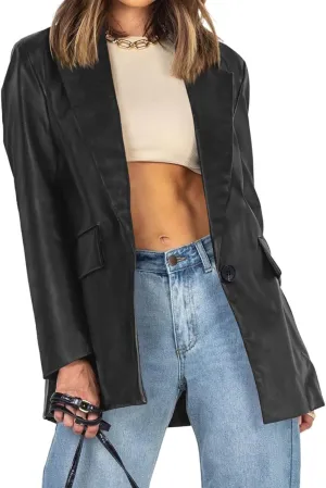 Pepochic Womens Oversized Leather Jacket Long Sleeve Faux Leather Blazer Lapel Button Down Leather Shacket Coat with Pockets