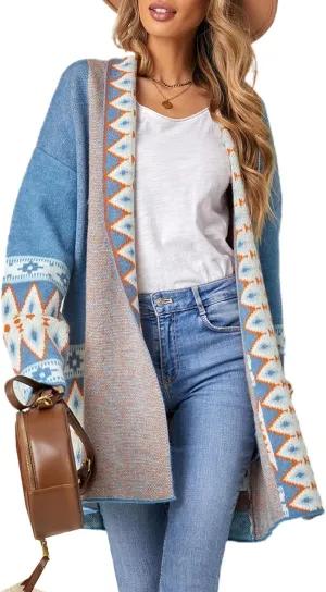 Perbai Womens Boho Aztec Cardigan Sweater Shawl Collar Open Front Tribal Long Sweater Coat with Pockets