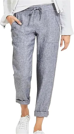 Plus Size Cotton Pants for Women Linen Blend Plus Size Drawstring Pants Folded Hem Lightweight Summer Pants